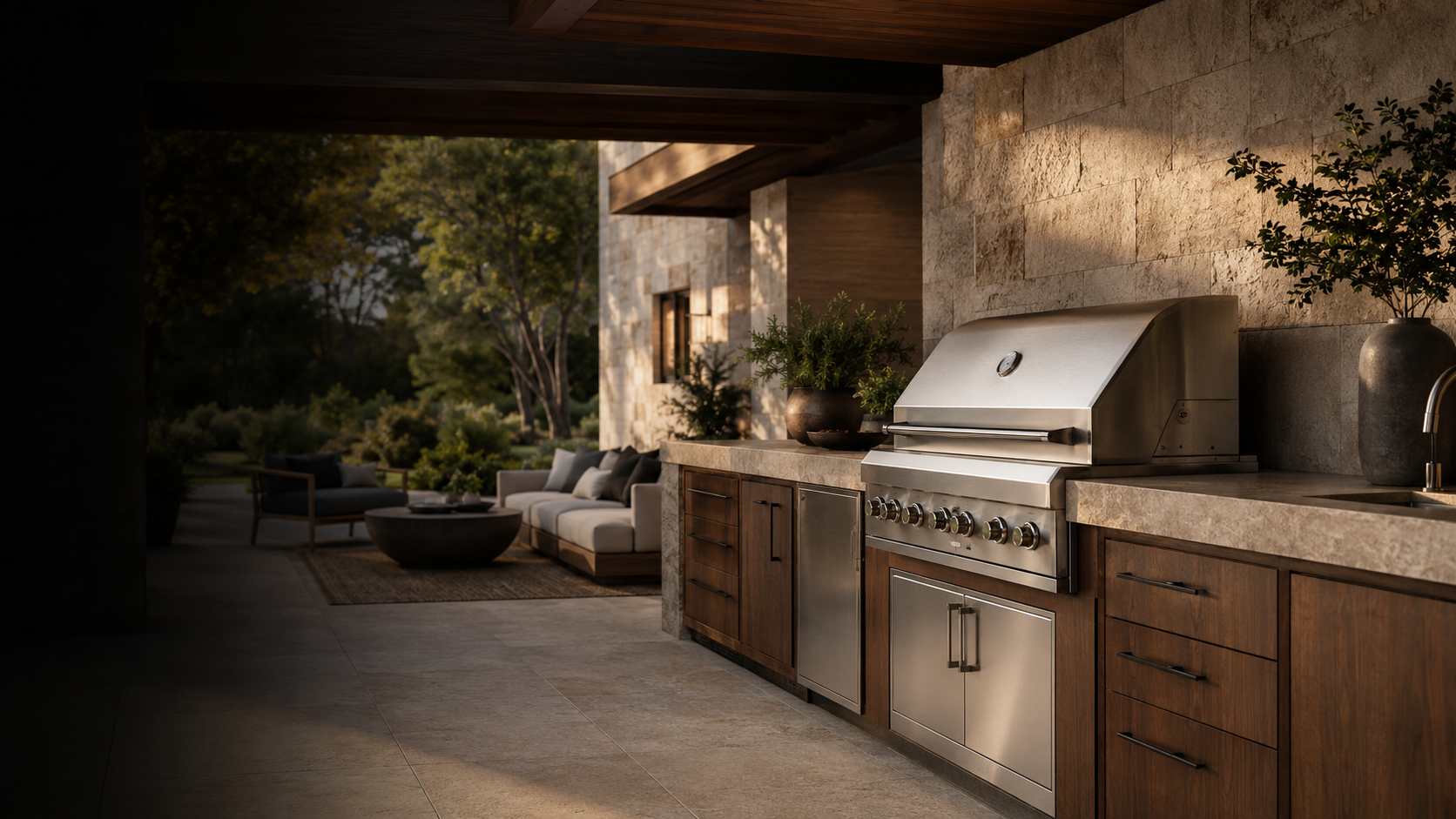 Premium outdoor kitchen with a built-in stainless steel grill