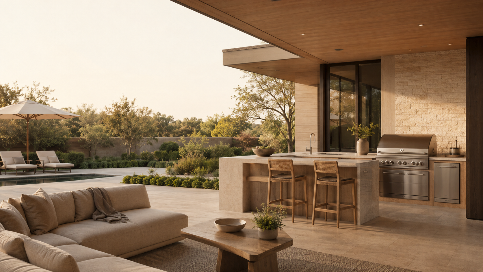 Premium covered patio with built-in outdoor kitchen, grill, pool and umbrella