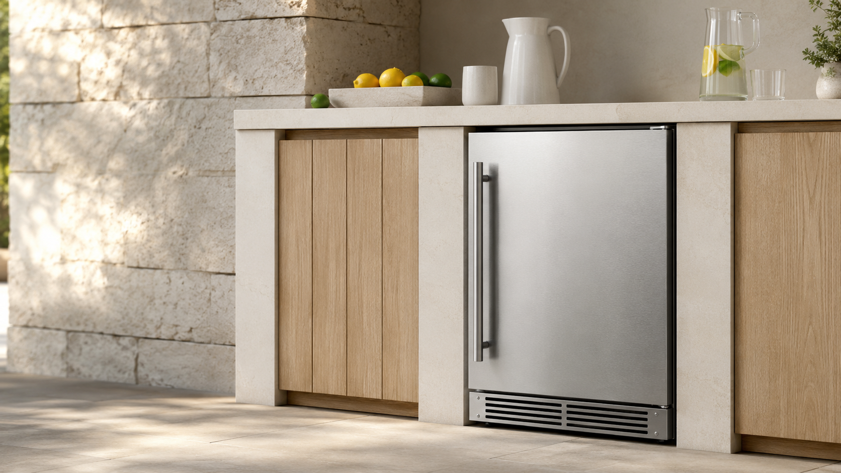 Stainless steel outdoor refrigerator in a stone and wood counter