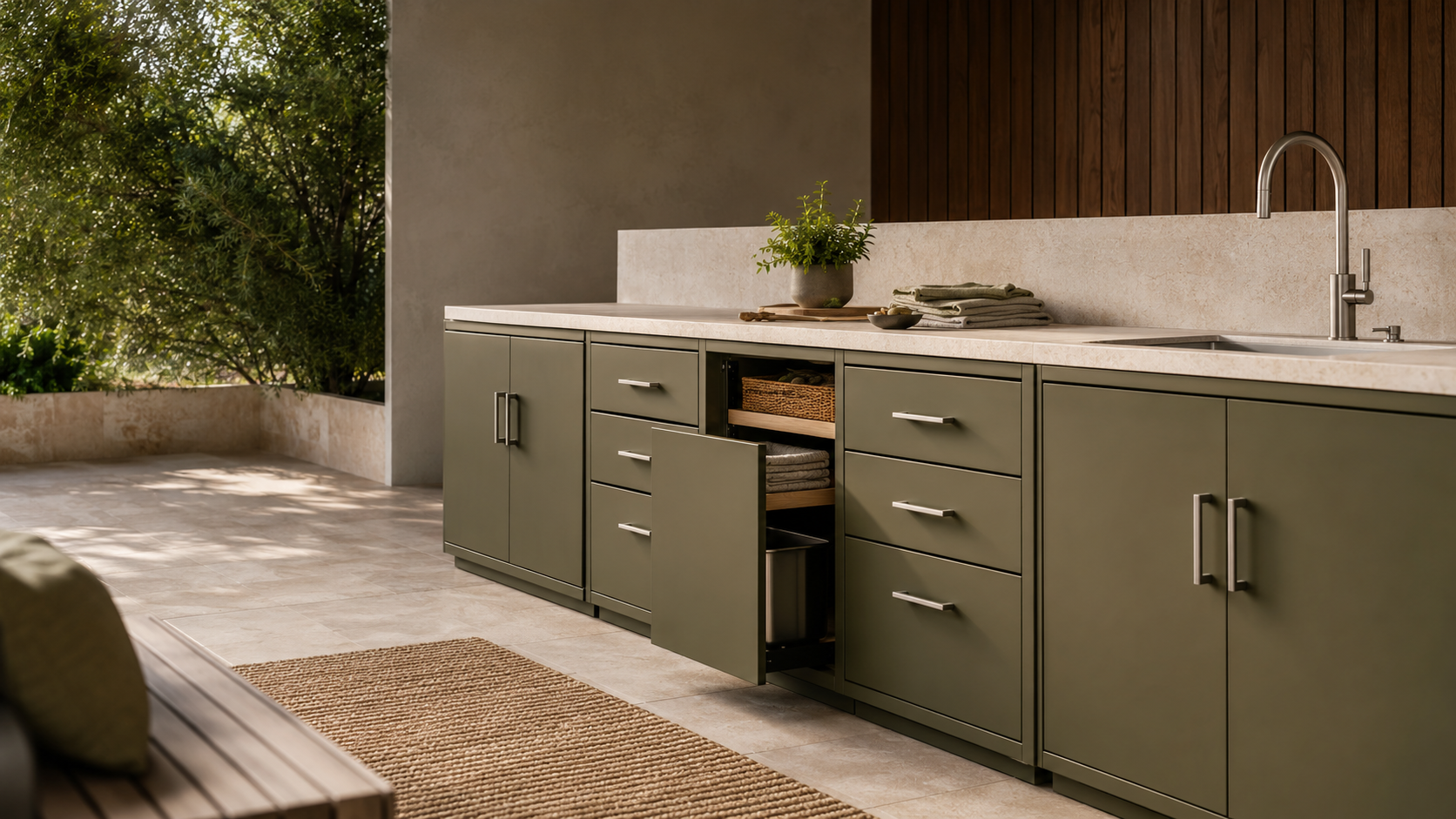 Premium olive outdoor storage cabinets and preparation sink