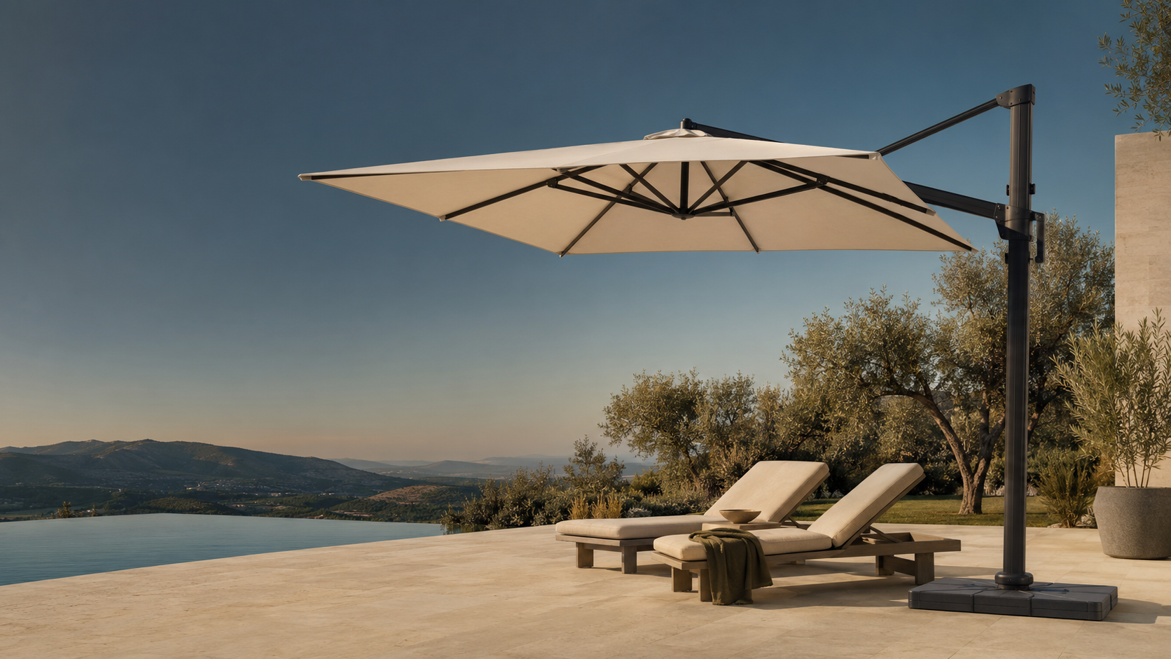 Premium cantilever patio umbrella beside a pool