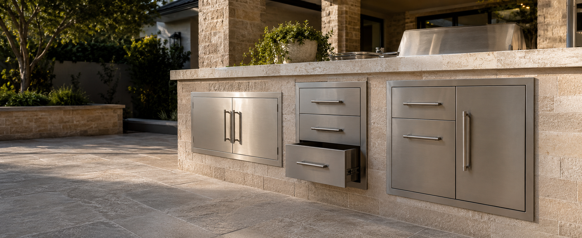 Contemporary outdoor kitchen storage and preparation area