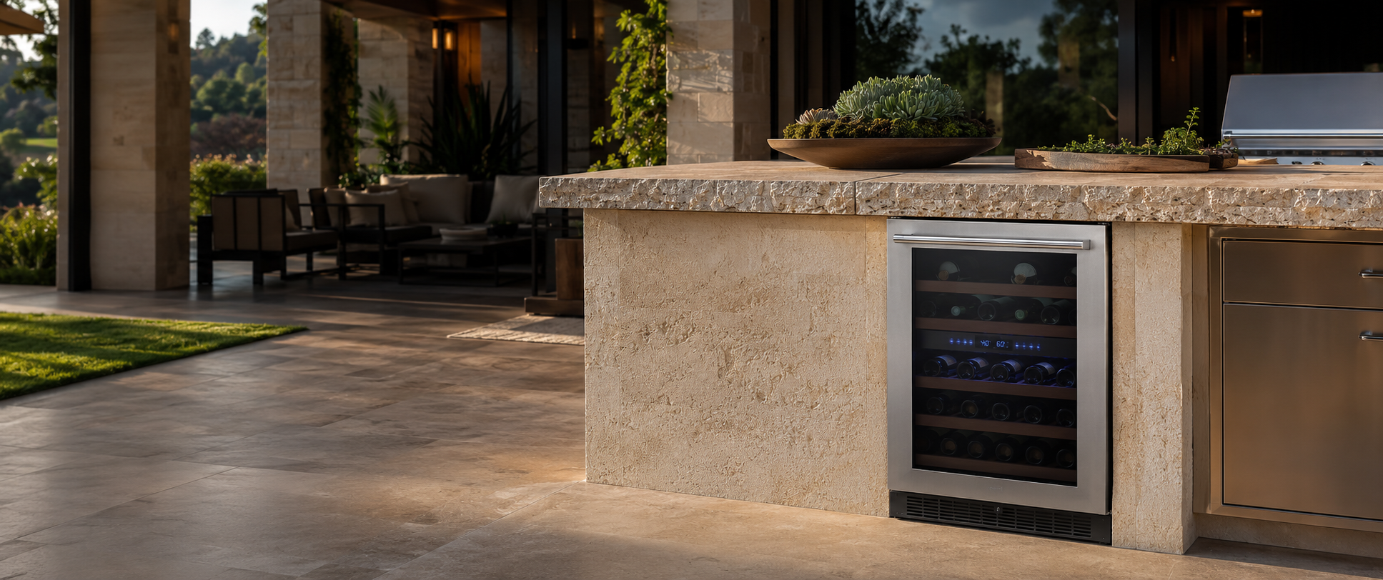 Glass-door outdoor wine refrigerator integrated into a stone counter